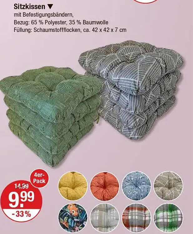 Sitzkissen 4er-Pack mit Befestigungsbändern
