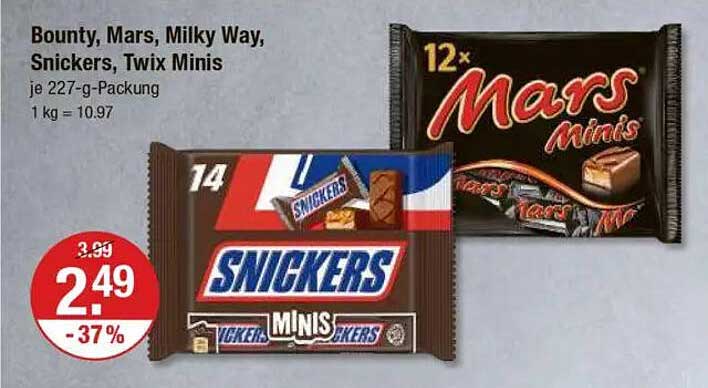 Snickers Minis, Mars Minis, Bounty, Twix Minis – 227-g-Packung für nur 2,49 €