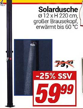 Solardusche Ø 12 x H 220 cm, großer Brausekopf, erwärmt bis 60 °C