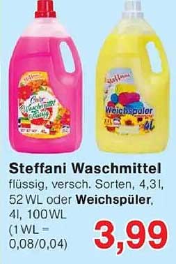 Steffani Waschmittel flüssig, verschiedene Sorten, 4,3 l oder Weichspüler, 4 l, 100 WL