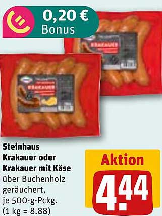 Steinhaus Krakauer oder Krakauer mit Käse über Buchenholz geräuchert, 500-g-Packung