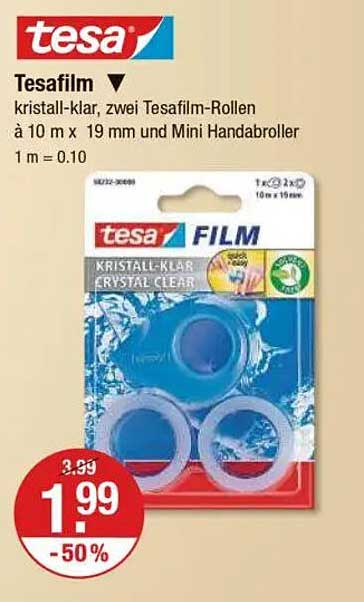 Tesa Film - Kristallklar, zwei Tesafilmen-Rollen à 10 m x 19 mm und Mini Handabroller