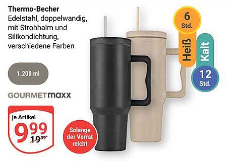 Thermo-Becher Edelstahl, doppelwandig, mit Strohhalm und Silikondichtung