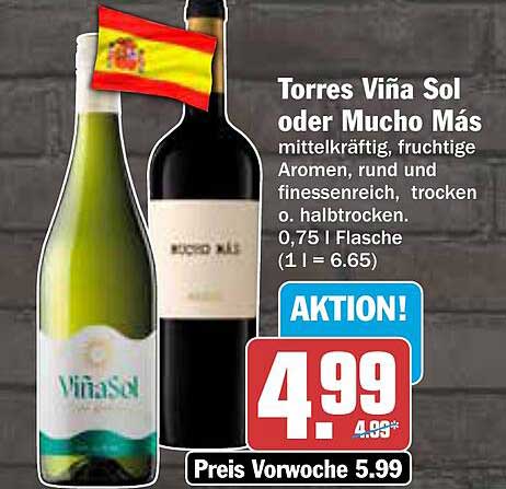 Torres Viña Sol oder Mucho Más - 0,75 l Flasche