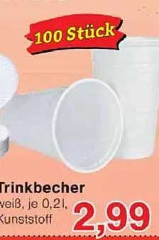 Trinkbecher 100 Stück - weiß, je 0,2 l, Kunststoff