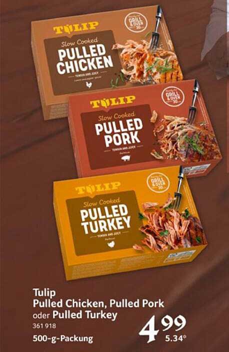 Tulip Pulled Chicken, Pulled Pork oder Pulled Turkey - 500-g-Packung
