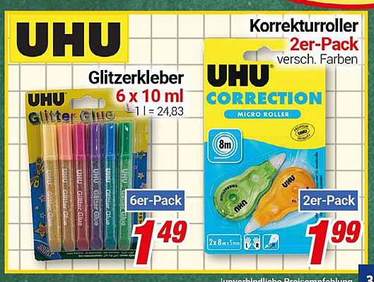 UHU Glitzerkleber 6er-Pack und Korrekturroller 2er-Pack