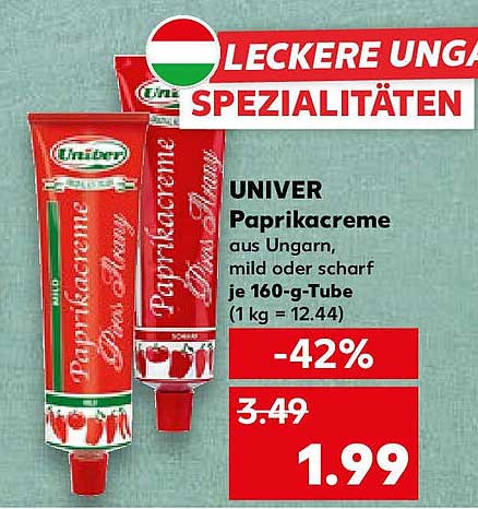 UNIVER Paprikacreme aus Ungarn, mild oder scharf je 160-g-Tube