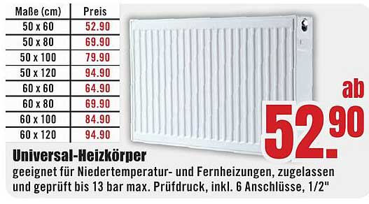 Universal-Heizkörper geeignet für Niedertemperatur- und Fernheizungen, zugelassen und geprüft bis 13 bar max.
