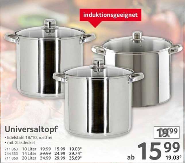 Universaltopf 10/14/20 Liter aus Edelstahl 18/10, rostfrei mit Glasdeckel
