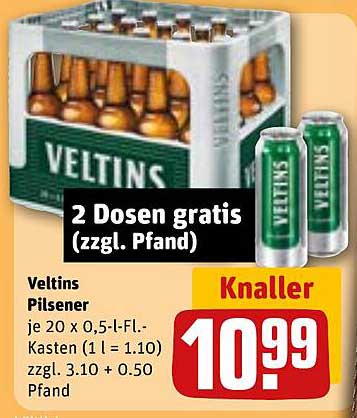 Veltins Pilsener - 20 x 0,5 l-Flaschen mit 2 Dosen gratis