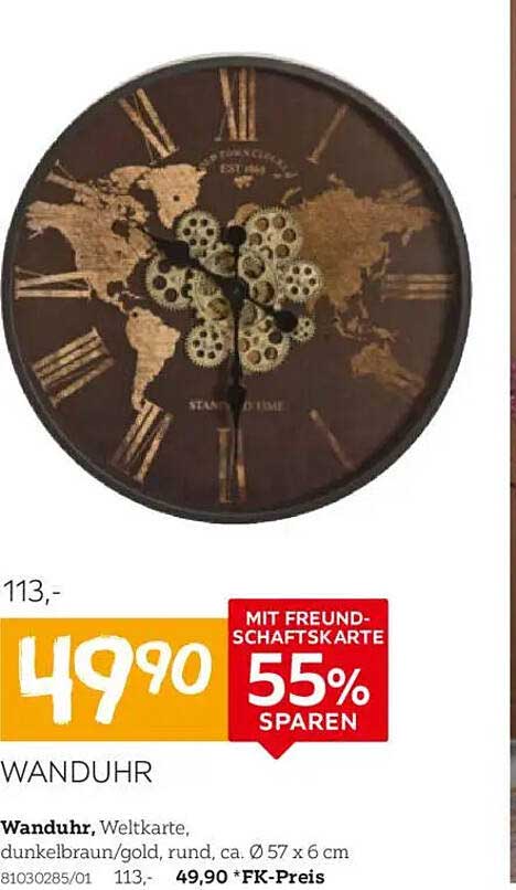 Wanduhr mit Weltkarte, dunkelbraun/gold
