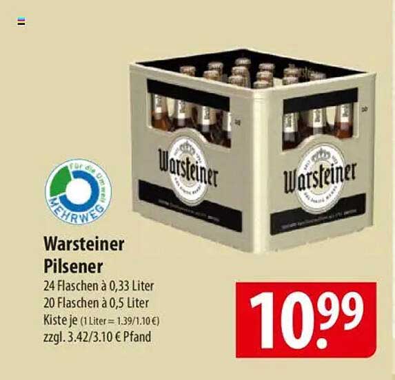 Warsteiner Pilsener – Kiste mit 24 Flaschen à 0,33 Liter oder 20 Flaschen à 0,5 Liter