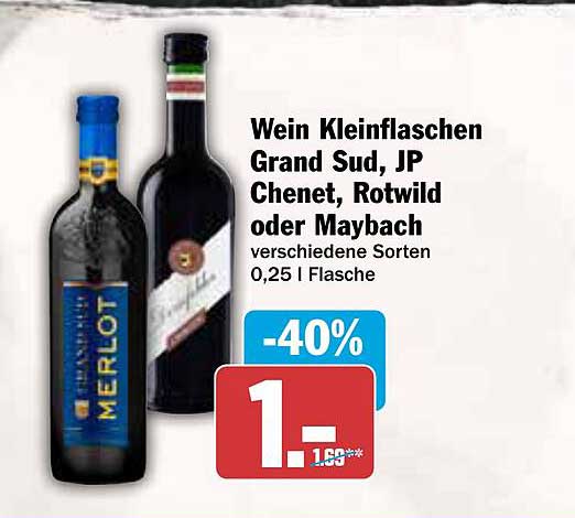 Wein Kleinflaschen Grand Sud, JP Chenet, Rotwild oder Maybach - verschiedene Sorten 0,25 l Flasche