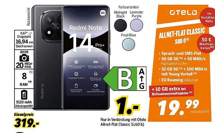 Xiaomi Redmi Note 14 Pro - Nur 1€ in Verbindung mit Otelo Allnet-Flat Classic