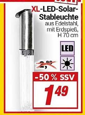 XL-LED-Solar-Stableuchte aus Edelstahl, mit Erdspieß, H 70 cm