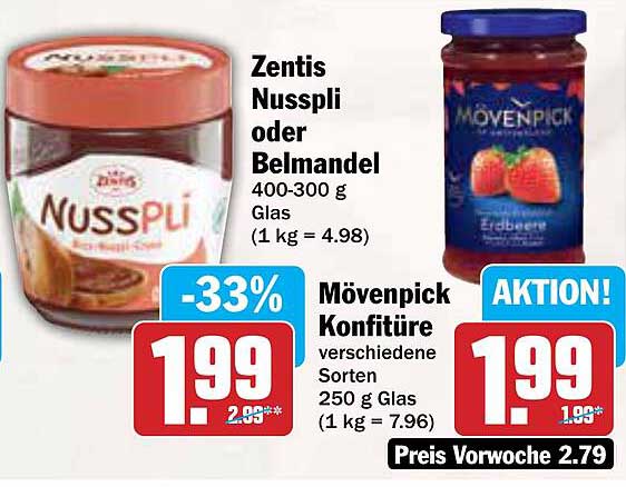 Zentis Nusspli oder Belmandel und Mövenpick Konfitüre, verschiedene Sorten