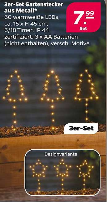 3er-Set Gartenstecker aus Metall mit warmweißen LEDs