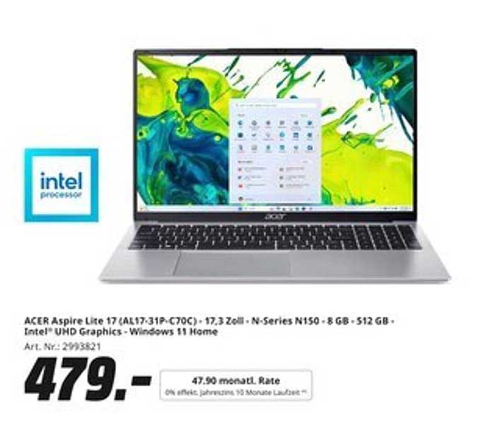 ACER Aspire Lite 17 (AL17-31P-C70C) - 17,3 Zoll - N-Series N150 - 8 GB - 512 GB - Intel® UHD Graphics - Windows 11 Home