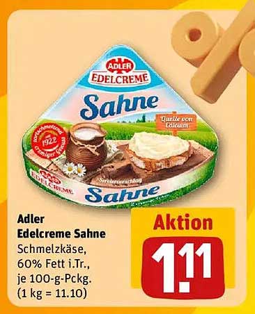 Adler Edelcreme Sahne Schmelzkäse, 60% Fett i.Tr., je 100-g-Packung