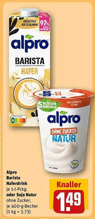 Alpro Barista Haferdrink oder Soja Natur ohne Zucker, 1 l bzw. 400 g-Becher