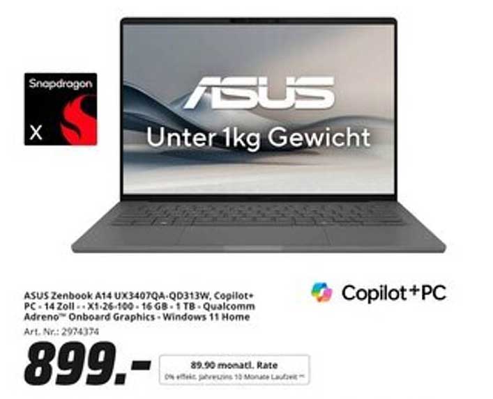 ASUS Zenbook A14 UX3407QA-QD313W, Copilot+ PC - 14 Zoll - 16 GB - 1 TB