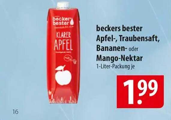 beckers bester Apfel-, Traubensaft, Bananen- oder Mango-Nektar 1-Liter-Packung