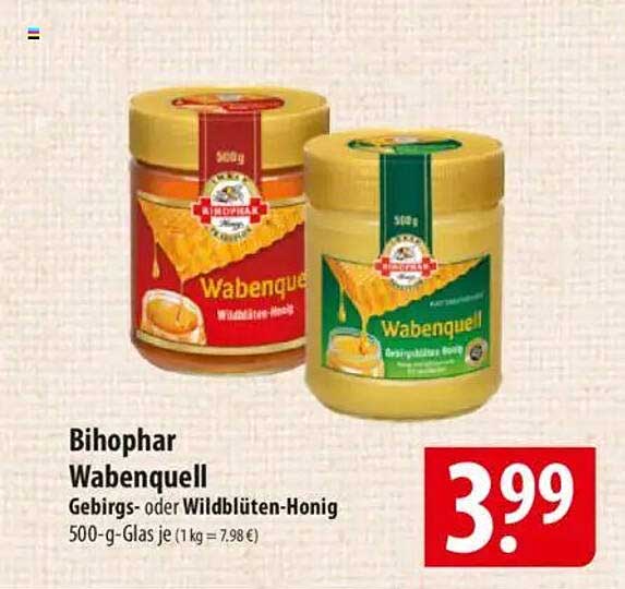 Bihophar Wabenquell Gebirgs- oder Wildblüten-Honig 500-g-Glas