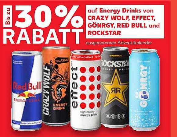 Bis zu 30 % Rabatt auf Energy Drinks von CRAZY WOLF, EFFECT, GÖRNGY, RED BULL und ROCKSTAR