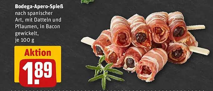 Bodega-Apero-Spieß nach spanischer Art, mit Datteln und Pflaumen, in Bacon gewickelt, je 100 g