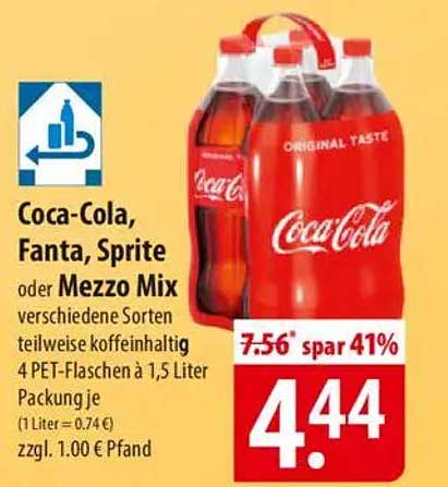 Coca-Cola, Fanta, Sprite oder Mezzo Mix – 4 PET-Flaschen à 1,5 Liter