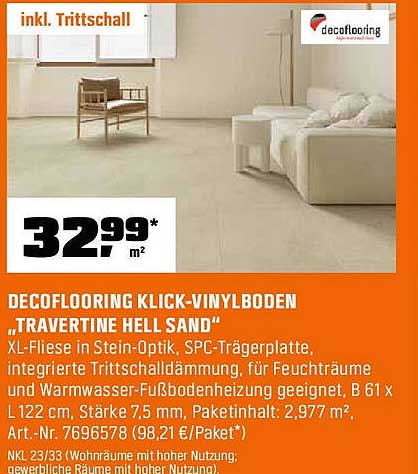 DECOFLOORING KLICK-VINYLBODEN „TRAVERTINE HELL SAND“