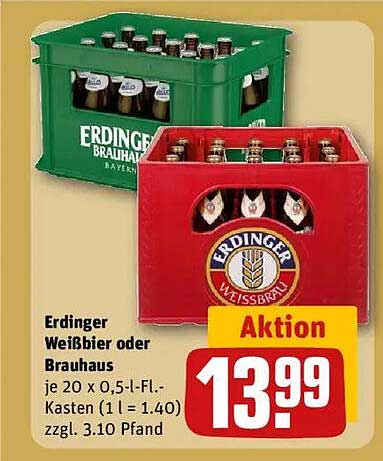 Erdinger Weißbier oder Brauhaus 20 x 0,5 l-Kasten für nur 13,99 €