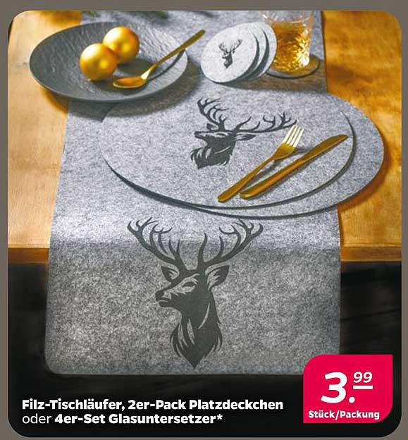 Filz-Tischläufer, 2er-Pack Platzdeckchen oder 4er-Set Glasuntersetzer