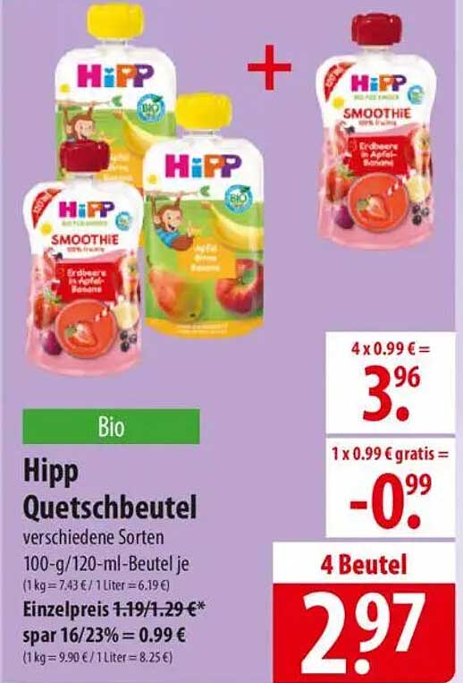 Hipp Quetschbeutel verschiedene Sorten 100-g/120-ml-Beutel je