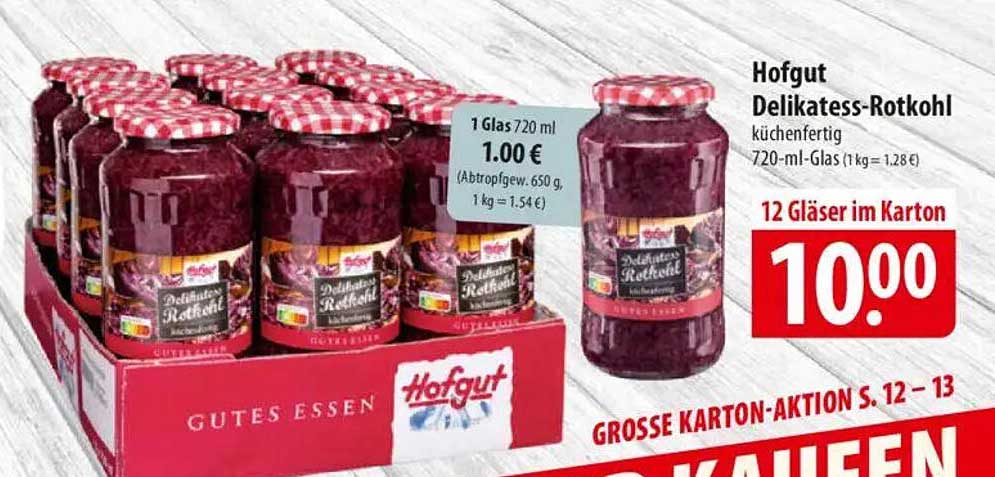 Hofgut Delikatess-Rotkohl 12 Gläser im Karton für nur 10,00 €
