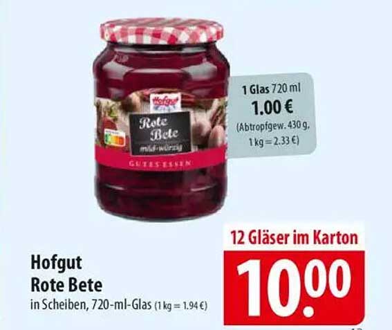 Hofgut Rote Bete in Scheiben, 720-ml-Glas