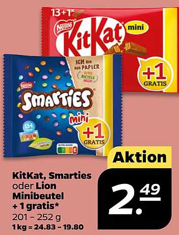KitKat, Smarties oder Lion Minibeutel + 1 gratis