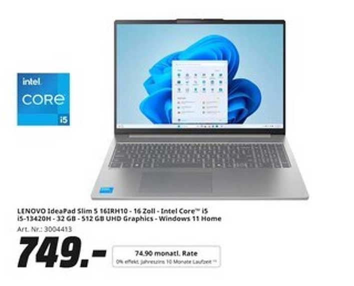 LENOVO IdeaPad Slim 5 16IRH10 - 16 Zoll - Intel Core™ i5 - i5-13420H - 32 GB - 512 GB UHD Graphics - Windows 11 Home