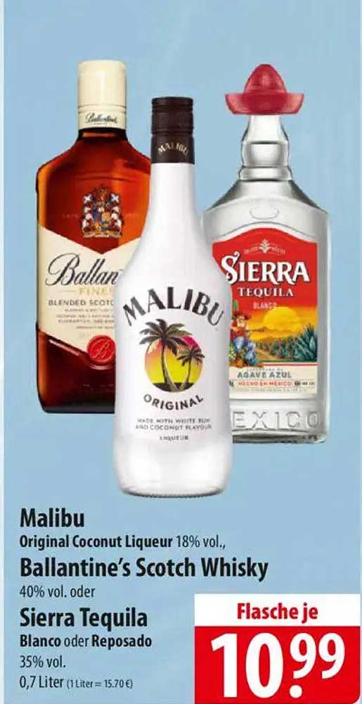 Malibu, Ballantine's Scotch Whisky oder Sierra Tequila je Flasche