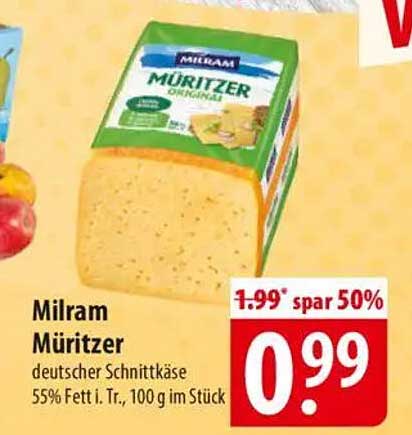 Milram Müritzer - Deutscher Schnittkäse 55% Fett i. Tr., 100 g im Stück