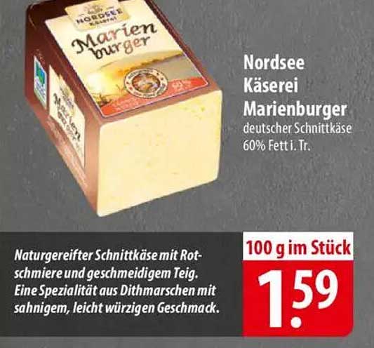 Nordsee Käse Marienburger - deutscher Schnittkäse 60% Fett i. Tr.