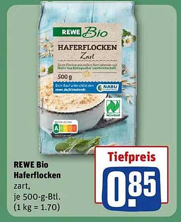 REWE Bio Haferflocken zart, je 500-g-Btl.