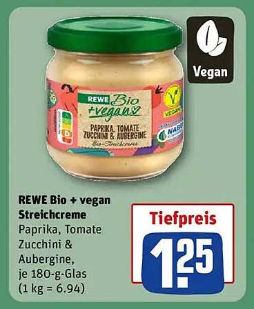 REWE Bio + vegan Streichcreme Paprika, Tomate, Zucchini & Aubergine, 180-g-Glas