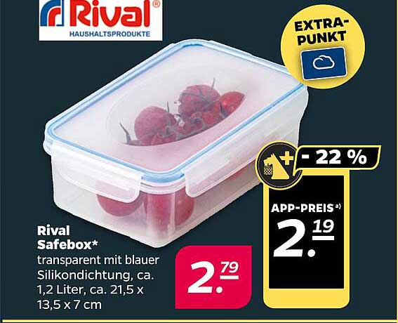 Rival Safebox* transparent mit blauer Silikondichtung, ca. 1,2 Liter