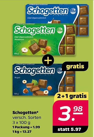 Schogetten - 3 x 100 g Packung für nur 3,98 € statt 5,97 €