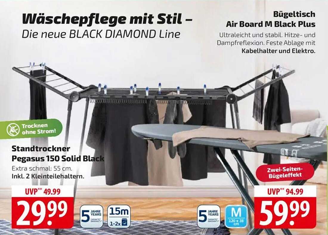 Standtrockner Pegasus 150 Solid Black und Bügeltisch Air Board M Black Plus