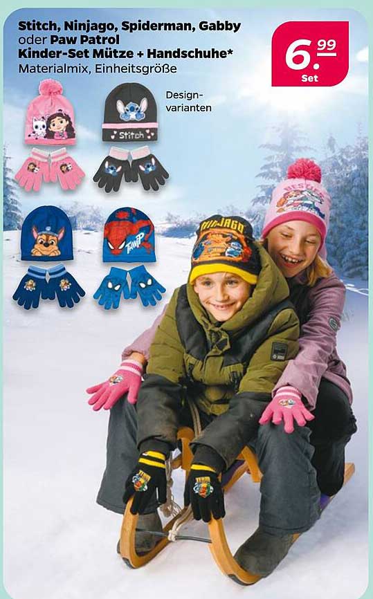 Stitch, Ninjago, Spiderman, Gabby oder Paw Patrol Kinder-Set Mütze + Handschuhe