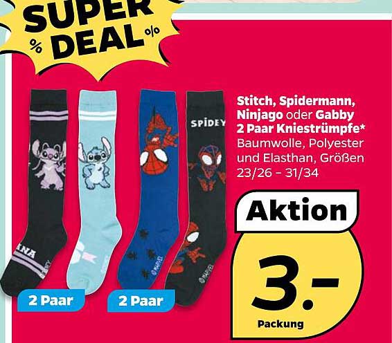 Stitch, Spiderman, Ninjago oder Gabby 2 Paar Kniestrümpfe