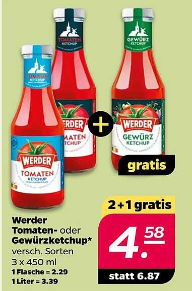 Werder Tomaten- oder Gewürzketchup (3 x 450 ml) - 2+1 gratis
